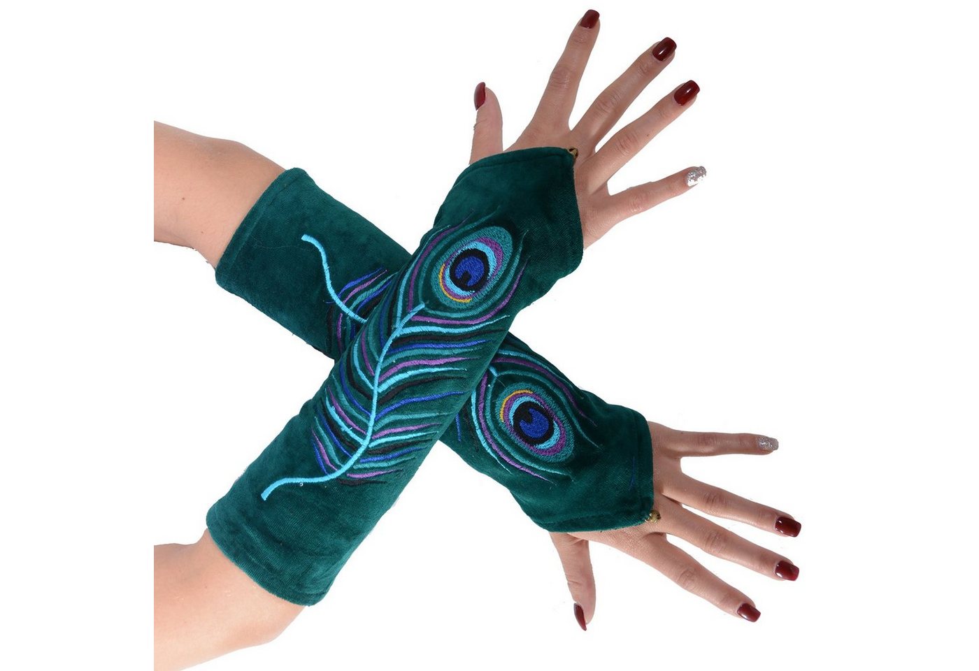 KUNST UND MAGIE Armstulpen Kunst&Magie Samt Armstulpen Handwärmer "Pfauenfeder" Handschuhe von KUNST UND MAGIE