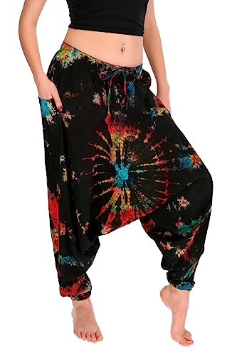 KUNST UND MAGIE Batik Damen Hose Tie Dye Baumwoll Yoga Haremshose Wellnesshose Pluderhose Ballonhose, Farbe:Mehrfarbig von KUNST UND MAGIE