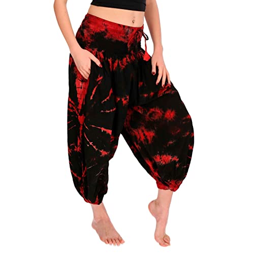 KUNST UND MAGIE Batik Damen Hose Tie Dye Baumwoll Yoga Haremshose Wellnesshose Pluderhose Ballonhose, Größe:L/XL, Farbe:Schwarz/Rot von KUNST UND MAGIE