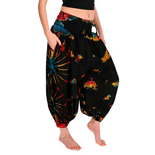 KUNST UND MAGIE Batik Damen Hose Tie Dye Baumwoll Yoga Haremshose Wellnesshose Pluderhose Ballonhose, Größe:S/M, Farbe:Mehrfarbig von KUNST UND MAGIE