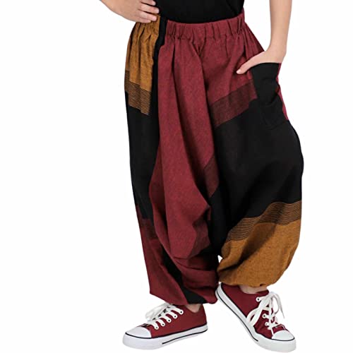 KUNST UND MAGIE Bunte Kinder Haremshose Goa Aladin Hose Goa Hippie Kids Pluderhose Boho Kinderhose, Farbe:Rot/Schwarz/Beige, Größe:104-110 von KUNST UND MAGIE