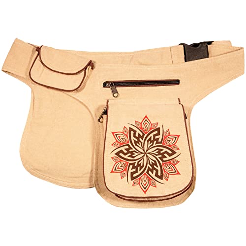 KUNST UND MAGIE Damen Doppelte Bauchtasche Hüfttasche Mandala - Goa Gürteltasche Festivaltasche Hipbag Sidebag, Farbe:Naturfarben von KUNST UND MAGIE