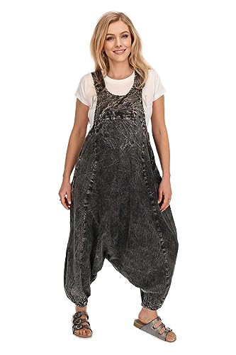 KUNST UND MAGIE Damen Latzhose Hippie Haremshose Goa Hose Boho 70er Jumpsuit Overall Stonewashed Catsuit, Größe:L, Farbe:Grau/Schwarz von KUNST UND MAGIE