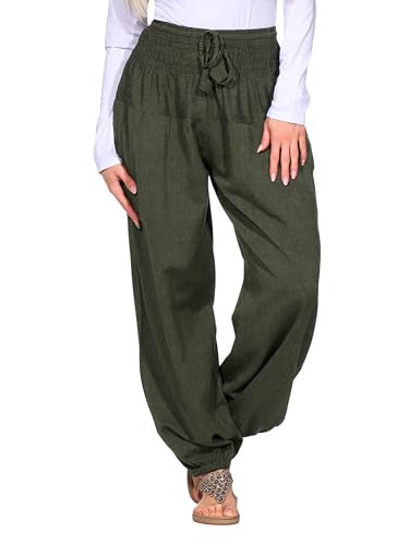 Kunst und Magie Damen Pluderhose Haremshose Sommerhose Hippie Goa Wellness Yoga, Größe Damen:34-38(S/M), Farbe:Army Green von Kunst und Magie