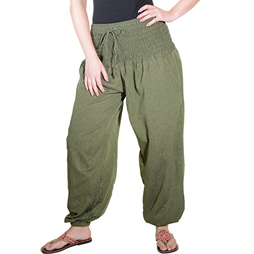 KUNST UND MAGIE Damen Pluderhose Haremshose Sommerhose Hippie Goa Wellness Yoga, Größe Damen:42-44(XXL), Farbe:Army Green von KUNST UND MAGIE