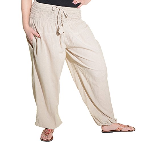 KUNST UND MAGIE Damen Pluderhose Haremshose Sommerhose Hippie Goa Wellness Yoga, Größe Damen:42-44(XXL), Farbe:Hanffarben von KUNST UND MAGIE