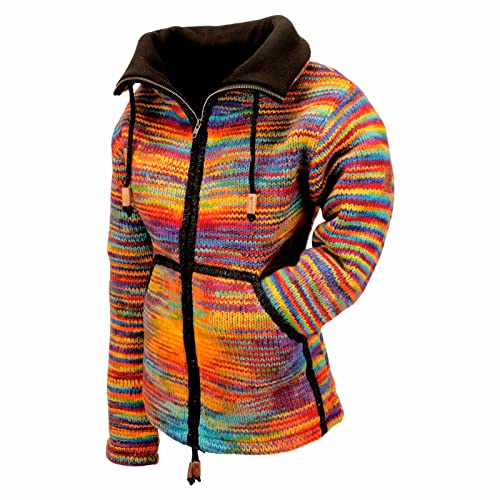 KUNST UND MAGIE Damen Strickjacke Goa Wolle Bunte Regenbogen Jacke Fleecefutter Hochkragen Goa Boho Fair, Größe:XL von KUNST UND MAGIE