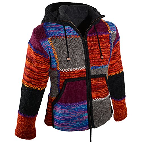 Kunst und Magie Damen Strickjacke Goa Wolle Jacke mit Fleecefutter mit Abnehmbarer Zipfelkapuze, Größe Damen:42 von Kunst und Magie