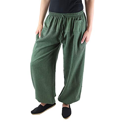 KUNST UND MAGIE Damen Yogahose Pumphose Pluderhose unifarben aus Baumwolle lang, Größe:L/XL, Farbe:Army Green von KUNST UND MAGIE