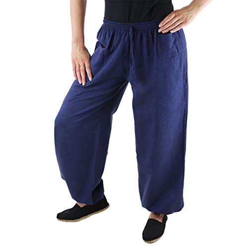 KUNST UND MAGIE Damen Yogahose Pumphose Pluderhose unifarben aus Baumwolle lang, Größe:L/XL, Farbe:Blau von KUNST UND MAGIE