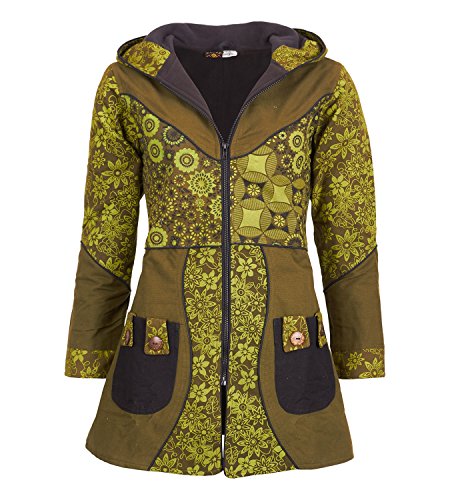 Kunst und Magie Damenmantel mit Kapuze Blumenmuster Jacke Baumwolle, Größe Damen:40, Farbe:Army Green von Kunst und Magie