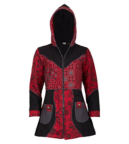 Kunst und Magie Damenmantel mit Kapuze Blumenmuster Jacke Baumwolle, Größe Damen:40, Farbe:Schwarz/Rot von Kunst und Magie