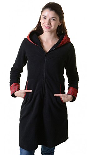 Kunst und Magie Fleece Mantel Jacke mit Kapuze Goa Psy Hippie Boho romantisch, Größe:38, Farbe:Schwarz/Rot von Kunst und Magie