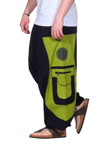 Kunst und Magie Flower of Life Hippie Haremshose Goahose Cargohose, Größe:S/M, Farbe:Schwarz/Lemon von Kunst und Magie