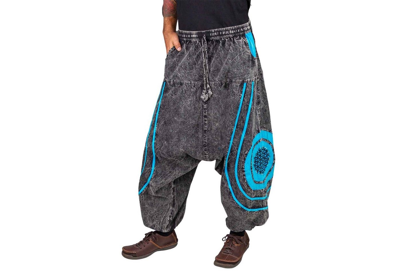 KUNST UND MAGIE Haremshose Baggy Pants Hippie Baumwolle Haremshose Stonewashed Blume des Lebens von KUNST UND MAGIE