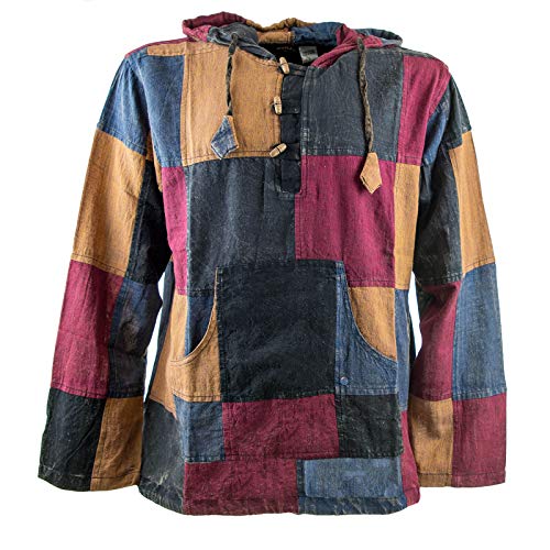 KUNST UND MAGIE Herren bunt alternativ Baja Hoodie Fischerhemd Kapuze Patchwork, Größe:L, Farbe:Mehrfarbig von KUNST UND MAGIE