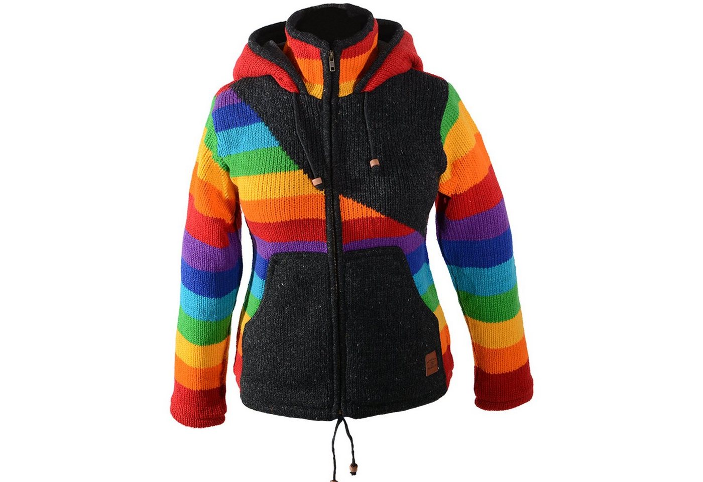 KUNST UND MAGIE Kapuzenstrickjacke Damen Goa Strickjacke Wolle Fleecefutter ab. Zipfelkapuze Regenbogen von KUNST UND MAGIE