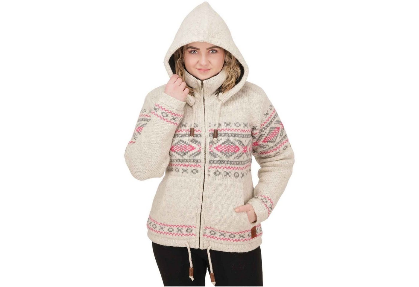 KUNST UND MAGIE Kapuzenstrickjacke Gefütterte Wolljacke Strickjacke Norweger Muster abnehmbarer Kapuze von KUNST UND MAGIE