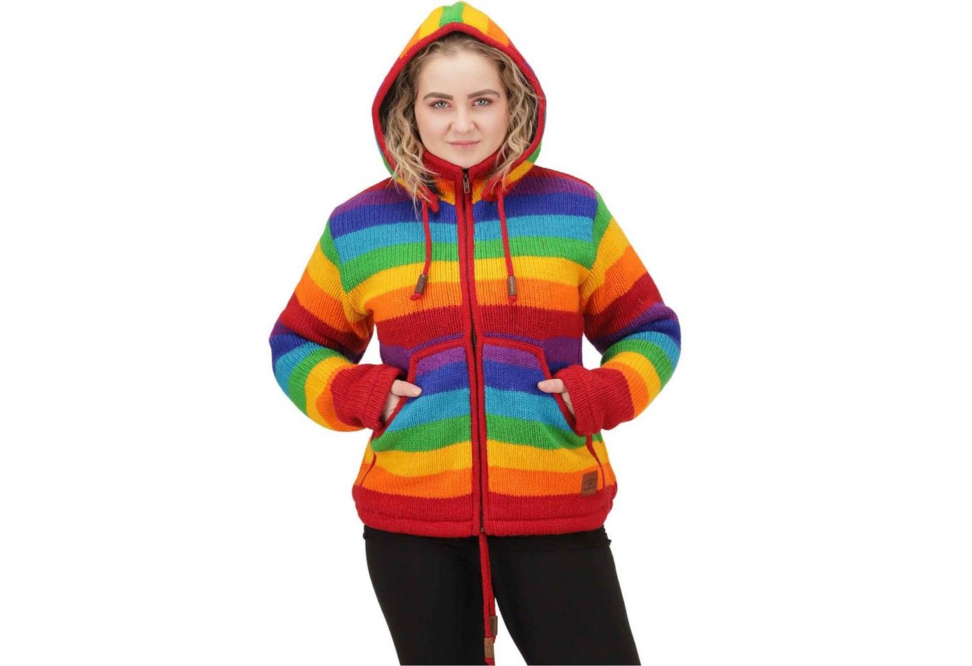 KUNST UND MAGIE Kapuzenstrickjacke Damen Regenbogen Strickjacke Wolle +Fleecefutter&abnehmbarer Kapuze von KUNST UND MAGIE