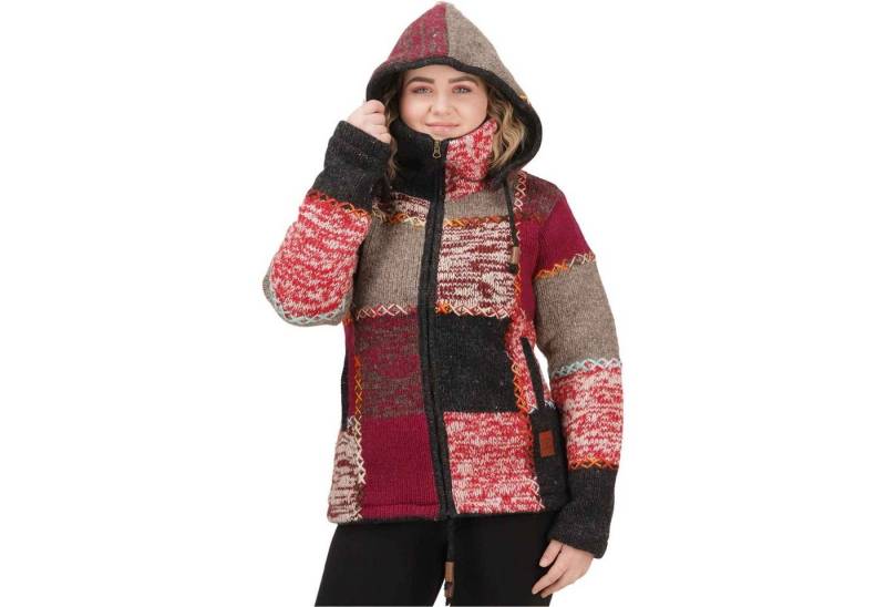 KUNST UND MAGIE Kapuzenstrickjacke Strickjacke Wolle Bunte Patchworkjacke Fleecefutter abnehmbarer Kapuze von KUNST UND MAGIE