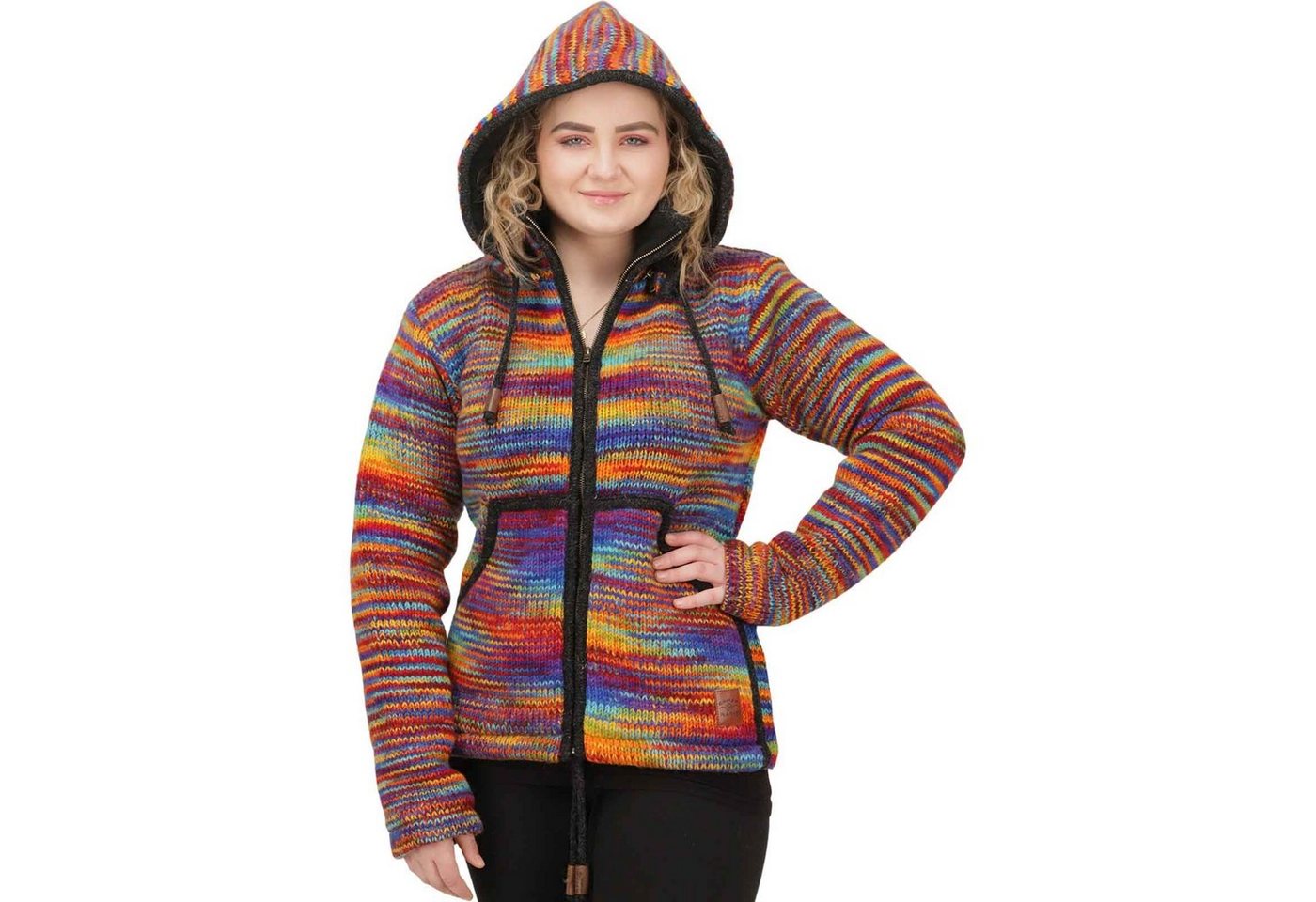 KUNST UND MAGIE Kapuzenstrickjacke Strickjacke Wolle Bunte Regenbogenjacke Fleecefutter abnehmbare Kapuze von KUNST UND MAGIE