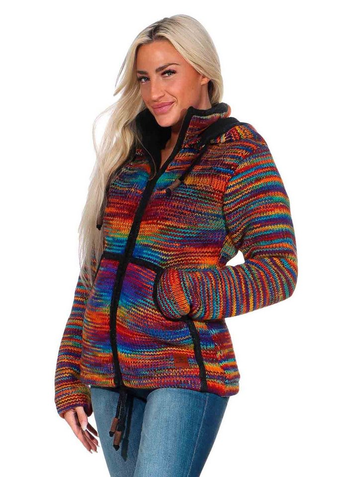 KUNST UND MAGIE Kapuzenstrickjacke Strickjacke Wolle Bunte Regenbogenjacke Fleecefutter abnehmbare Kapuze von KUNST UND MAGIE