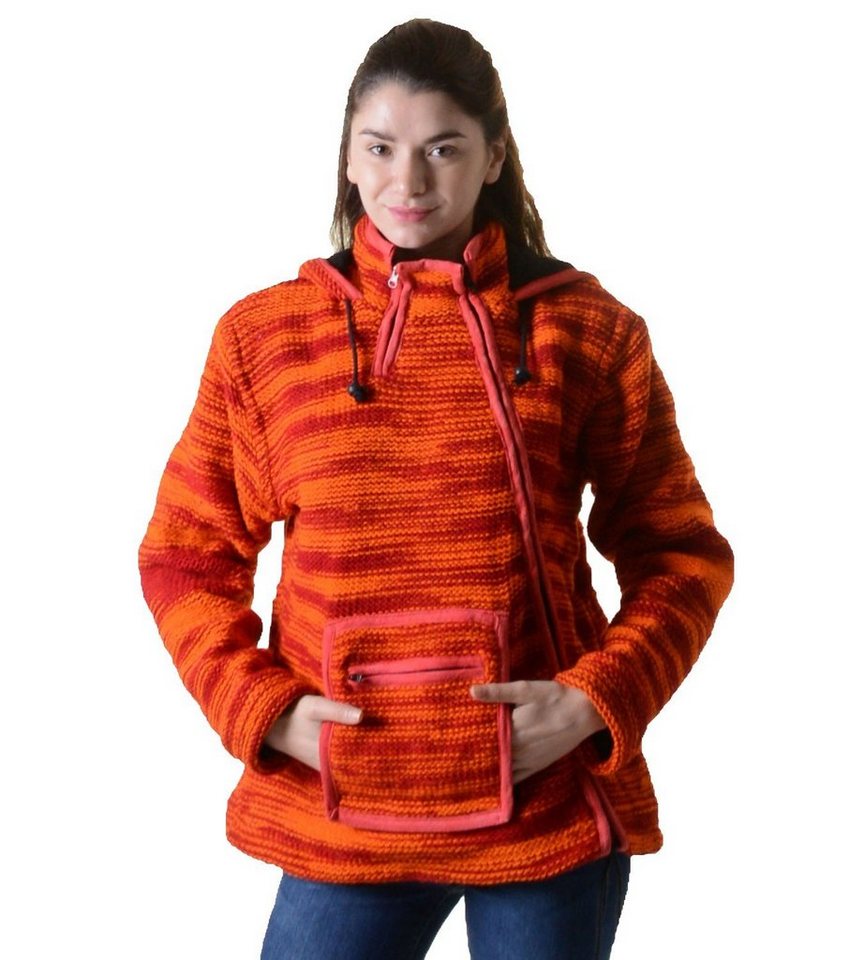 KUNST UND MAGIE Kapuzenstrickjacke Damen Strickjacke Hippie Wolljacke+Fleecefutter&Zipfelkapuze Orange von KUNST UND MAGIE