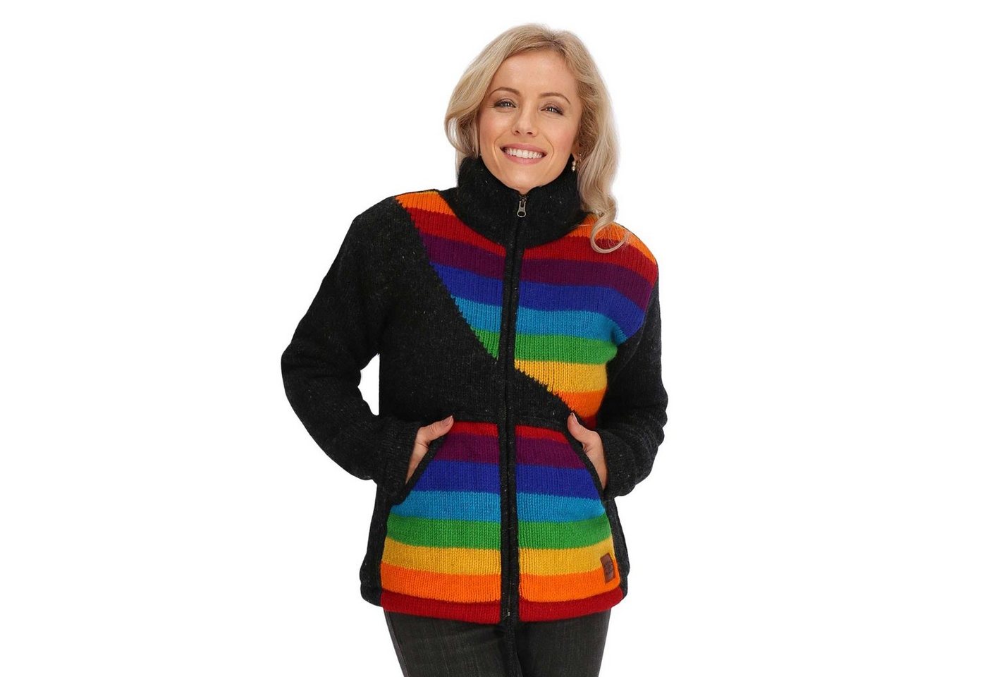 KUNST UND MAGIE Kapuzenstrickjacke Damen Strickjacke gefütterte Wolljacke Strickpullover Bunt Regenbogen von KUNST UND MAGIE