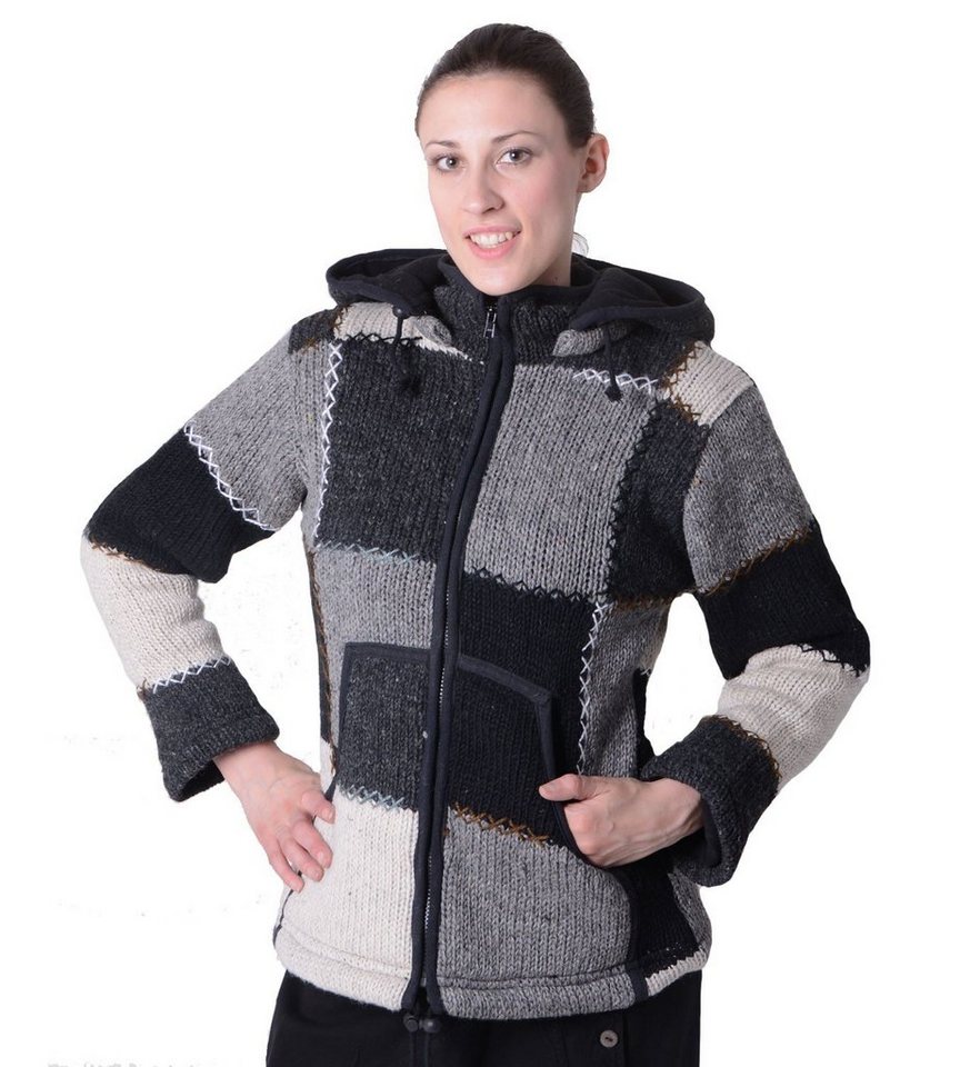 KUNST UND MAGIE Kapuzenstrickjacke Damen Wolljacke Hippie Strick+Fleecefutter und Zipfelkapuze Patchwork von KUNST UND MAGIE