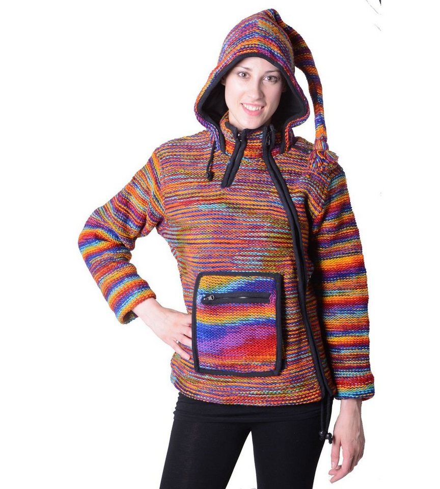 KUNST UND MAGIE Kapuzenstrickjacke Damen Wolljacke Hippie Goa Strickjacke mit Zipfelkapuze Mehrfarbig von KUNST UND MAGIE