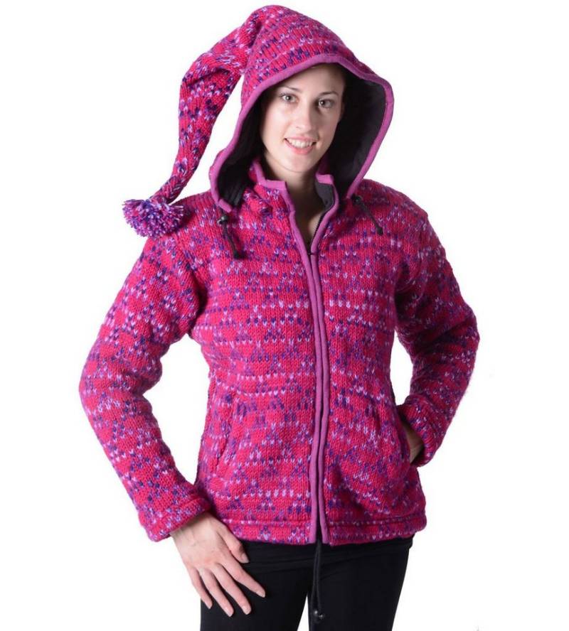 KUNST UND MAGIE Kapuzenstrickjacke Pinke Strickjacke Wolljacke Hippie Goa mit abnehmbarer Zipfelkapuze von KUNST UND MAGIE