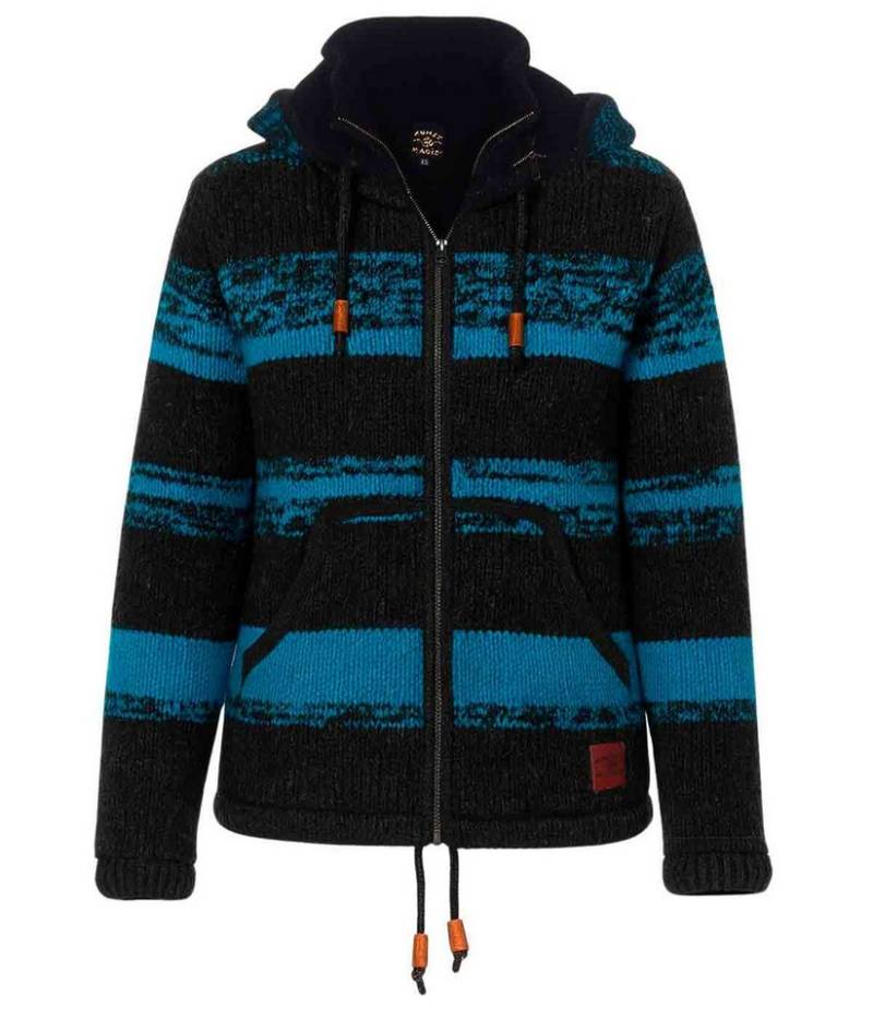 KUNST UND MAGIE Kapuzenstrickjacke Strickjacke Wolle Jacke Fleecefutter Kapuze abnehmbar Winterjacke bunt von KUNST UND MAGIE