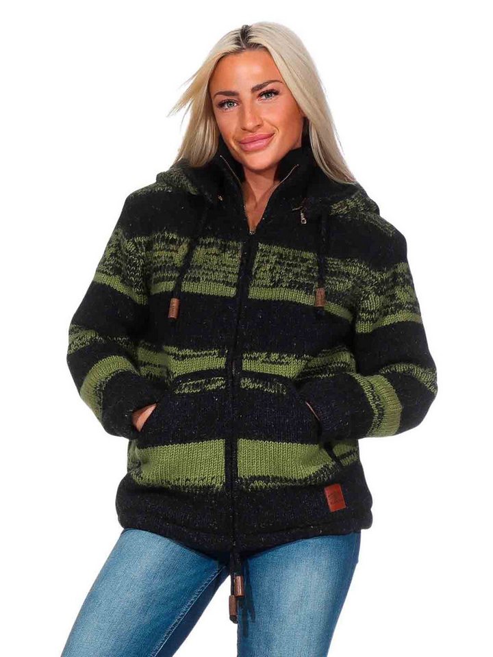 KUNST UND MAGIE Kapuzenstrickjacke Strickjacke Wolle Bunte Patchwork Jacke Fleecefutter abnehmbare Kapuze von KUNST UND MAGIE