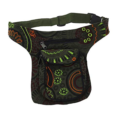 KUNST UND MAGIE Kinder Goa Schulter Bauchtasche Gürteltasche Bauchgurt Hippie Psy, Farbe:Army Green von KUNST UND MAGIE