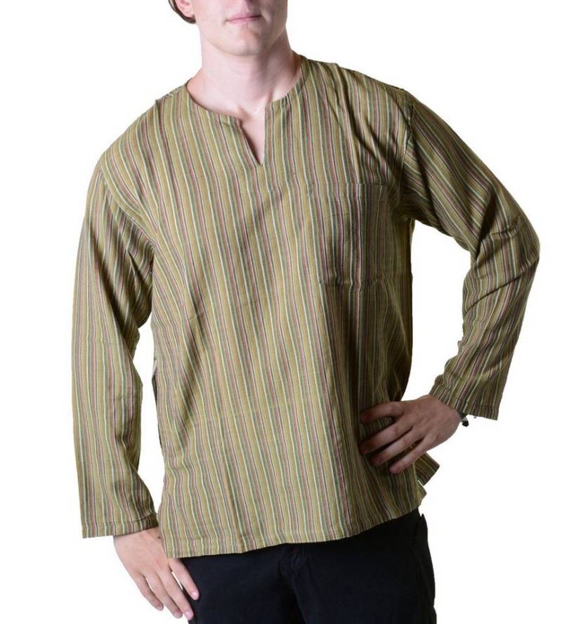 KUNST UND MAGIE Langarmhemd Fischerhemd Kurtha Gestreift Überzieher Hemd Poncho Mittelalter Nepal von KUNST UND MAGIE