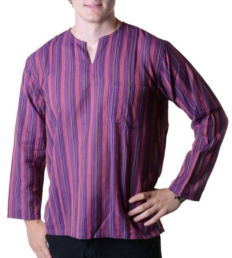 KUNST UND MAGIE Langarmhemd Fischerhemd Kurtha Gestreift Überzieher Hemd Poncho Mittelalter Nepal von KUNST UND MAGIE