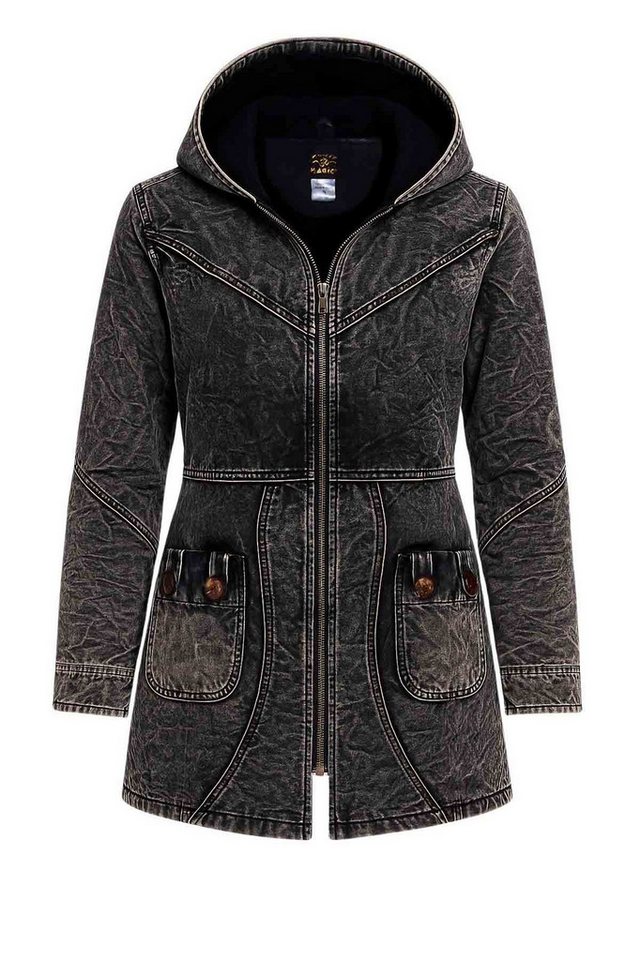 KUNST UND MAGIE Langjacke Vintage Damen Kurz Mantel + Kapuze Stonewashed Jacke Baumwolle Boho Vintage Stonewashed von KUNST UND MAGIE