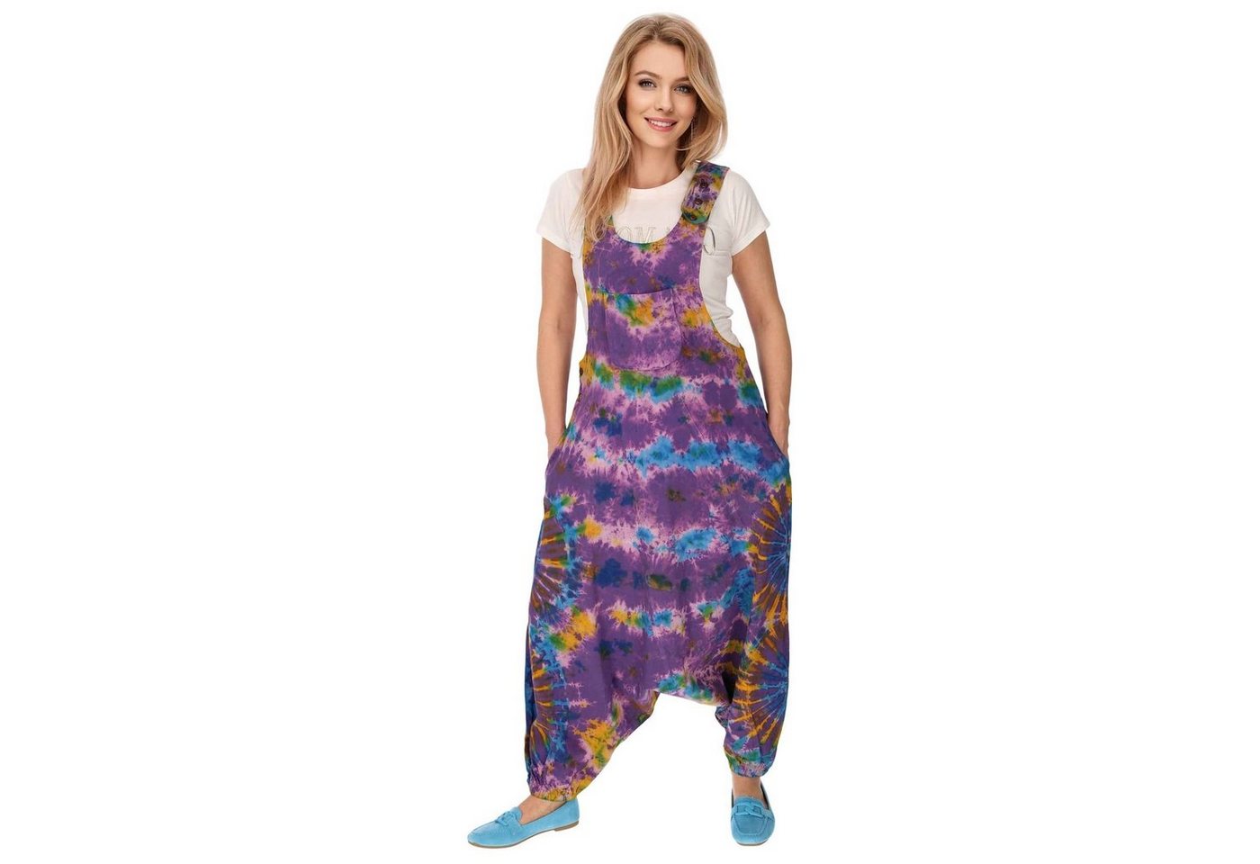 KUNST UND MAGIE Latzhose Tie Dye Batik Latzhose Haremshose Hose Psy 70er Boho Jumpsuit Bunt von KUNST UND MAGIE