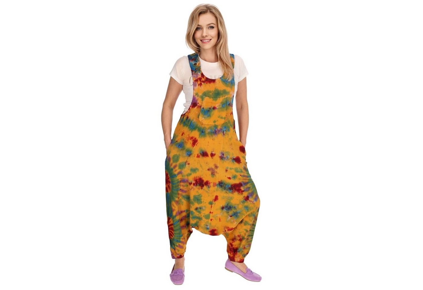 KUNST UND MAGIE Latzhose Tie Dye Batik Latzhose Haremshose Hose Psy 70er Boho Jumpsuit Bunt von KUNST UND MAGIE