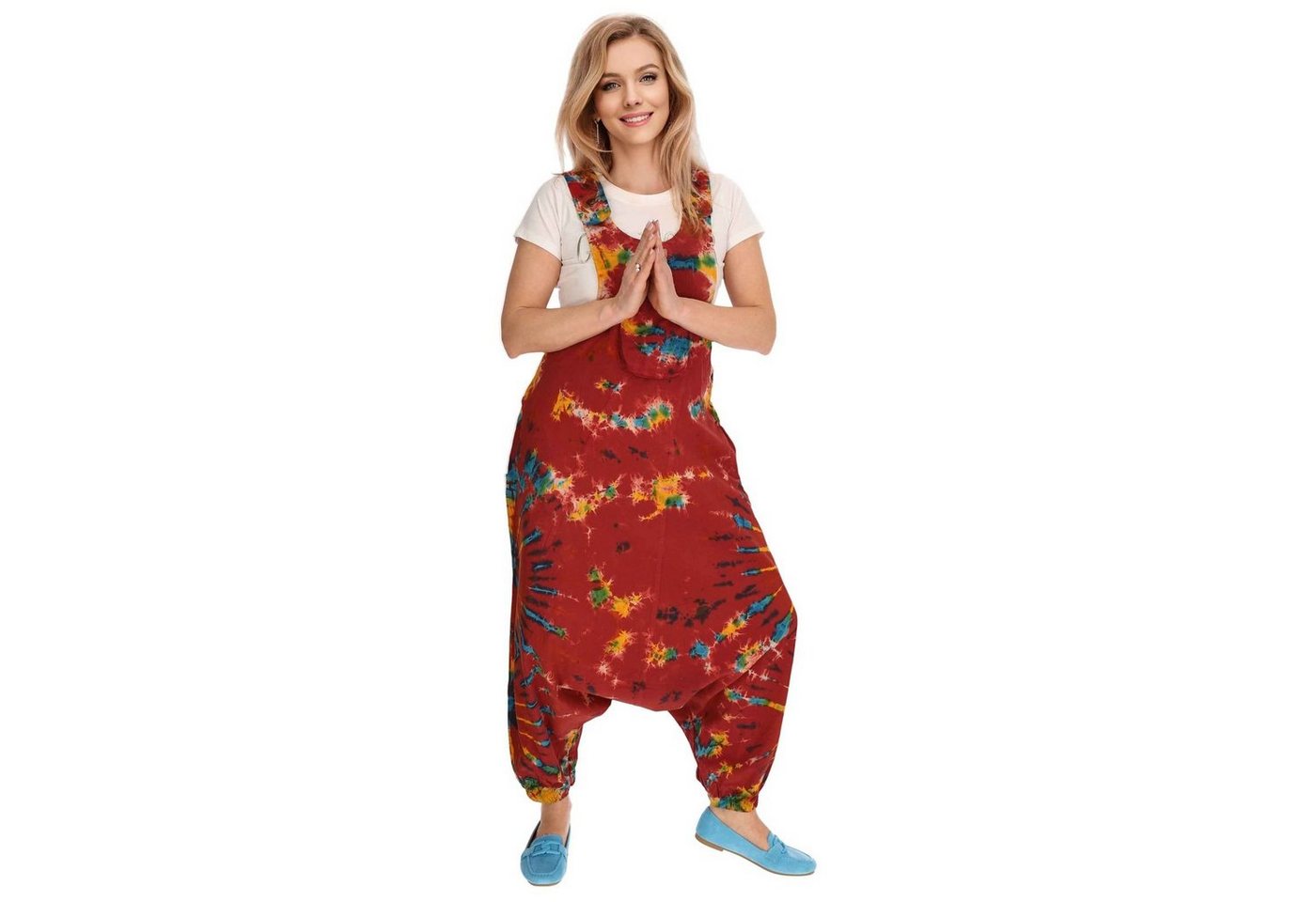 KUNST UND MAGIE Latzhose Tie Dye Batik Latzhose Haremshose Hose Psy 70er Boho Jumpsuit Bunt von KUNST UND MAGIE