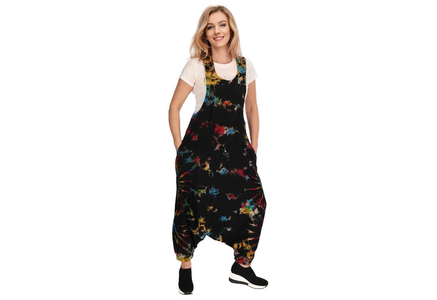 KUNST UND MAGIE Latzhose Tie Dye Batik Latzhose Haremshose Hose Psy 70er Boho Jumpsuit Bunt von KUNST UND MAGIE