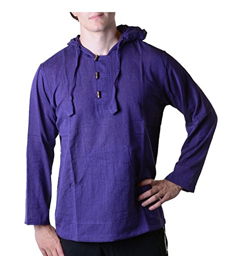 Nepal Fischerhemd Kurtha Einfarbig Hemd Poncho Mittelalter mit Zipfelkapuze, Größe/Size:XL;Farbe:Lila von Kunst und Magie