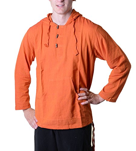 Nepal Fischerhemd Kurtha Einfarbig Hemd Poncho Mittelalter mit Zipfelkapuze, Größe/Size:XL;Farbe:orangetöne von Kunst und Magie