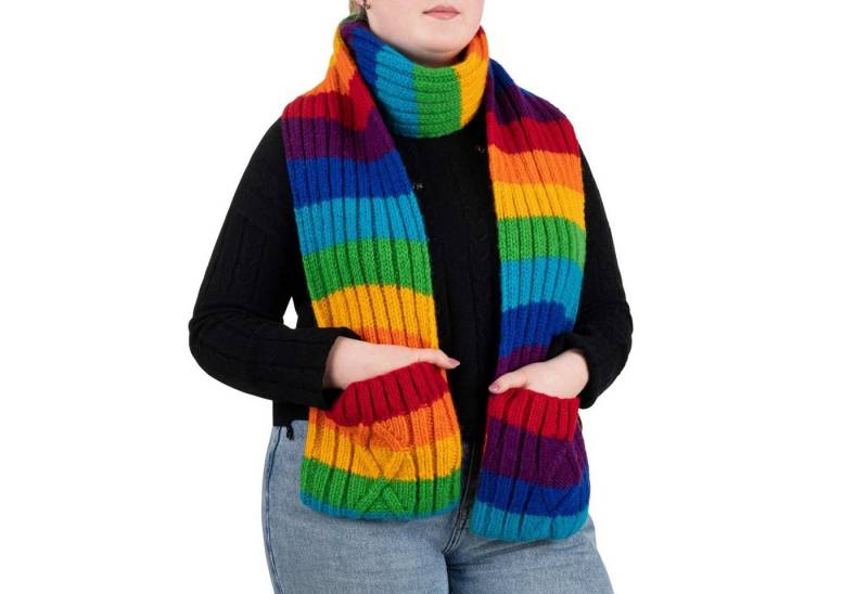 KUNST UND MAGIE Schal Bunter Wollschal mit Taschen Regenbogen Schal XXL Boho Hippie von KUNST UND MAGIE