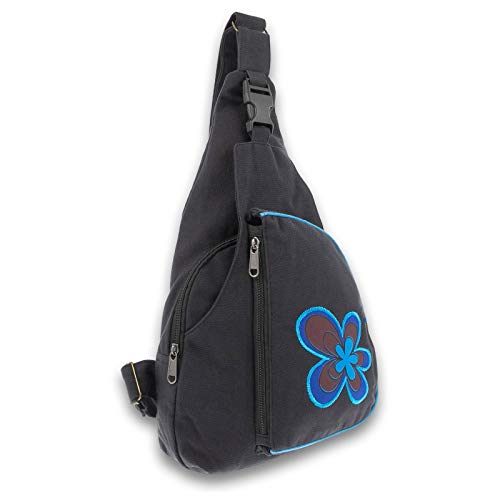 KUNST UND MAGIE Slingbag Hippie Goa Bodybag Schultertasche Flower Rucksack M, Farbe:Schwarz/Blau von KUNST UND MAGIE