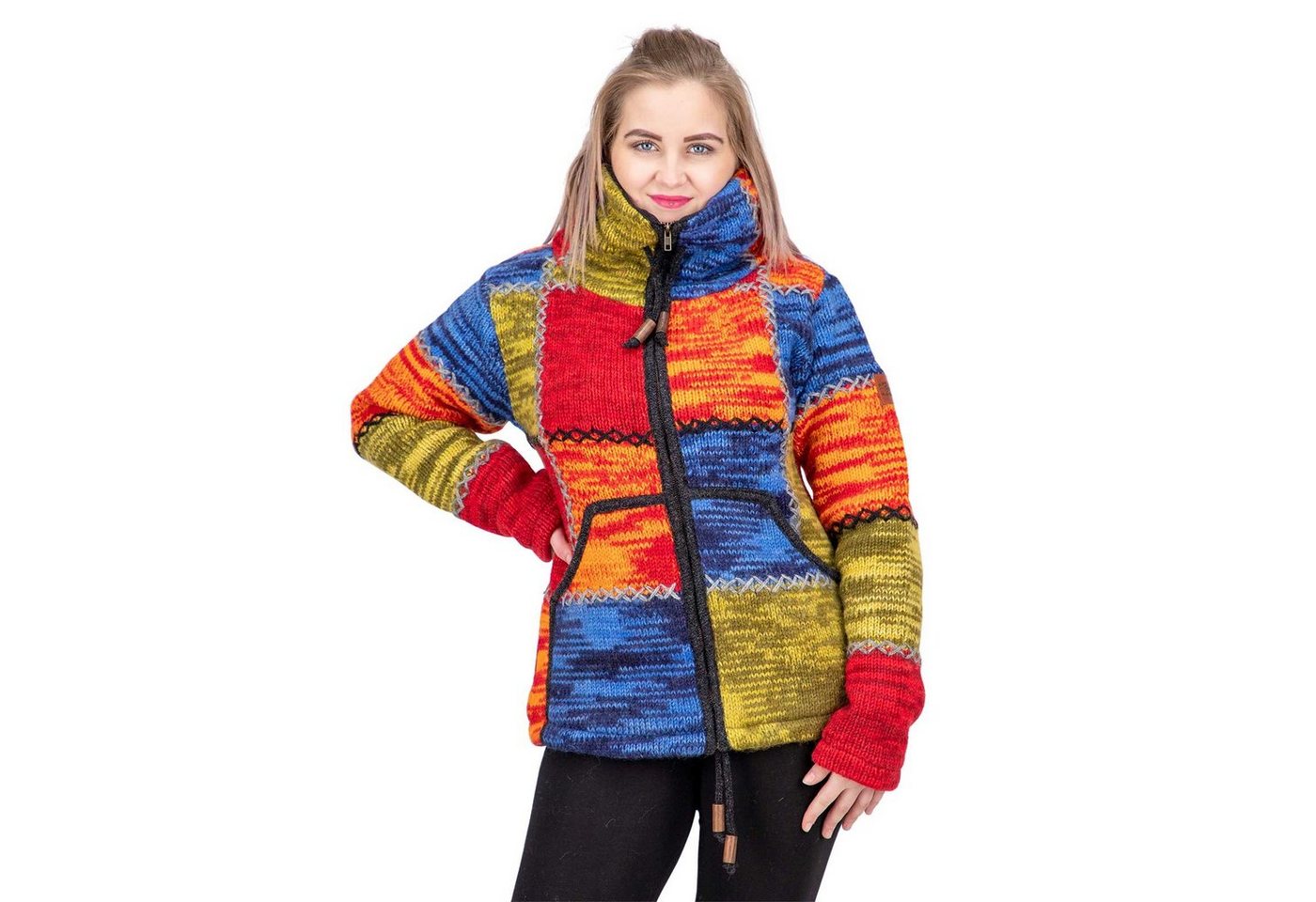 KUNST UND MAGIE Strickjacke Damen Strickjacke Wolle Bunte Patchwork Jacke+Fleecefutter&Hochkragen von KUNST UND MAGIE