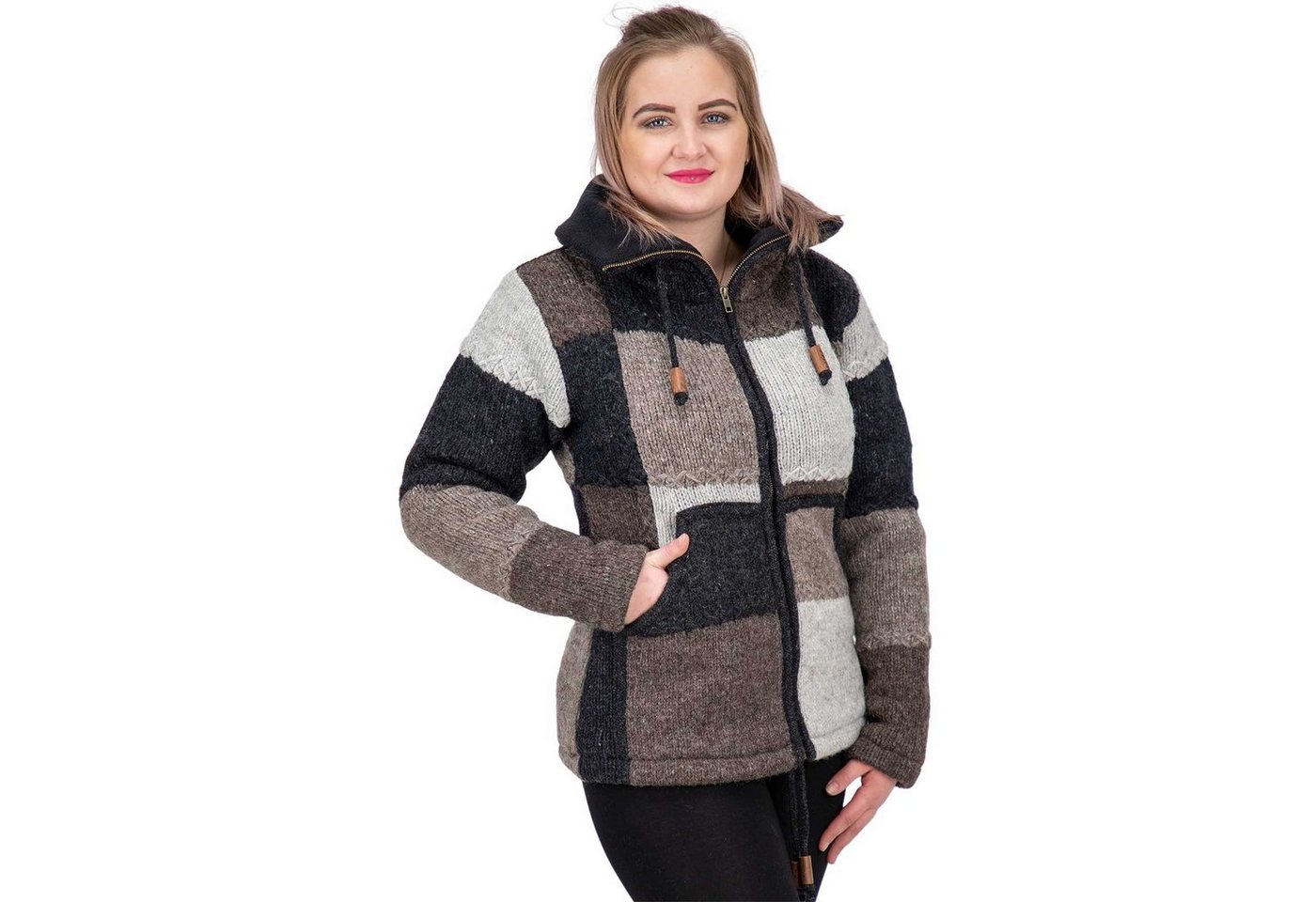 KUNST UND MAGIE Strickjacke Damen Strickjacke Wolle Bunte Patchwork Jacke+Fleecefutter&Hochkragen von KUNST UND MAGIE