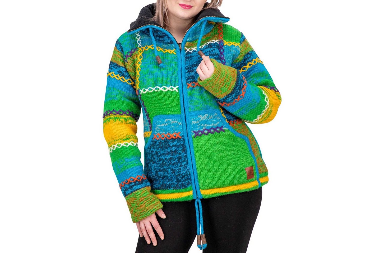 KUNST UND MAGIE Strickjacke Damen Strickjacke Wolle Bunte Patchwork Jacke+Fleecefutter&Hochkragen von KUNST UND MAGIE