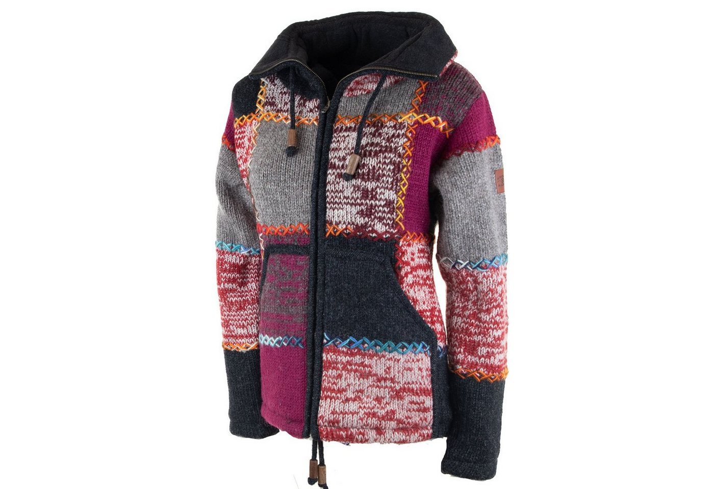 KUNST UND MAGIE Strickjacke Damen Strickjacke Wolle Bunte Patchwork Jacke Fleecefutter Hochkragen von KUNST UND MAGIE