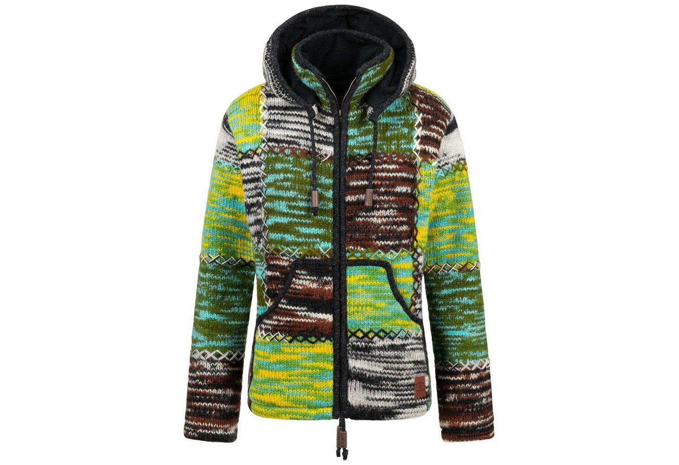 KUNST UND MAGIE Strickjacke Damen Strickjacke Wolle Bunte Patchwork Jacke Zipfelkapuze Hochkragen von KUNST UND MAGIE